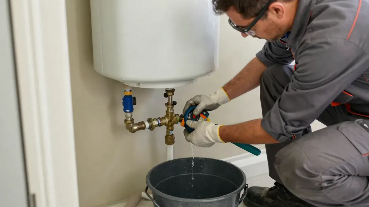 Water Heater Leak Repair in Pahrump, Nevada: licensed plumber tightening a leaking pressure relief valve on a traditional